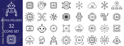 Artificial intelligence line icons set, AI brain neural network machine learning technology symbols vector illustration collection.