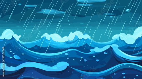 Pixelated illustration of a stormy sea with waves, rain, and clouds in various shades of blue
