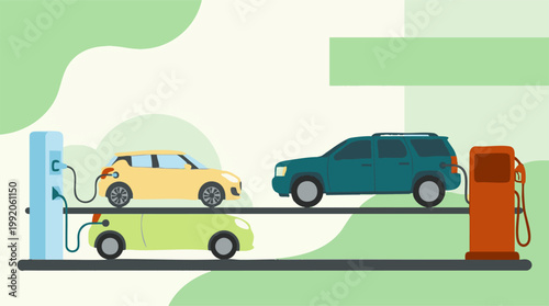 Electric cars charging and gasoline cars fueling at stations