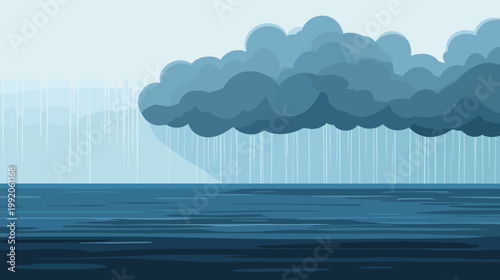 Pixelated artwork of a rainy day over the ocean; blue, gray tones evoke a moody landscape