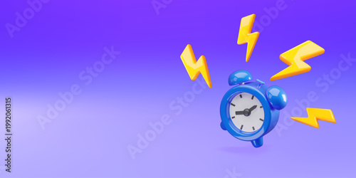 3D blue alarm clock with flash lightnings on blue gradient background, vector deadline and time management concept