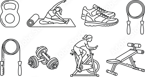 Fitness and Gym Line Icon Set - Minimalist Workout Equipment Vector with Kettlebell Dumbbells Yoga Stretching