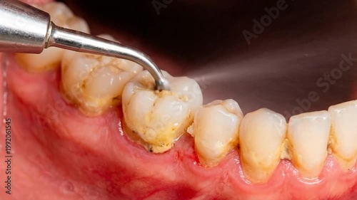 Professional dental cleaning procedure using an ultrasonic scaler on human teeth, suitable for medical education, dentistry, healthcare, and clinic.