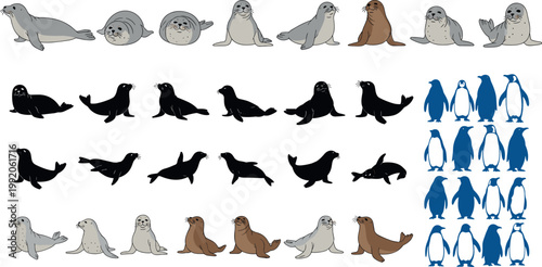 Seal and penguin collection with silhouettes and cartoon poses marine and polar animals isolated vector illustration set