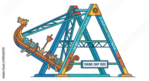 Stylized illustration of a viking ship ride at an amusement park