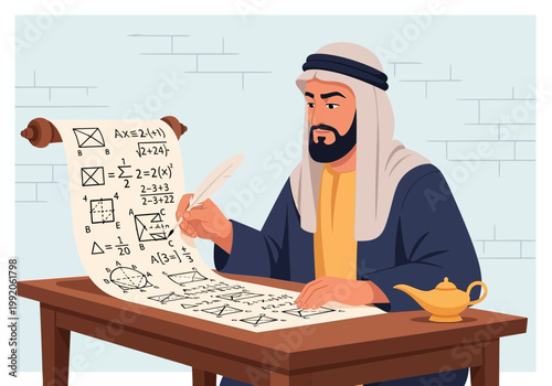 中東風の衣装を着た男性が木製の机で数式や図を描いている様子を描写しています。