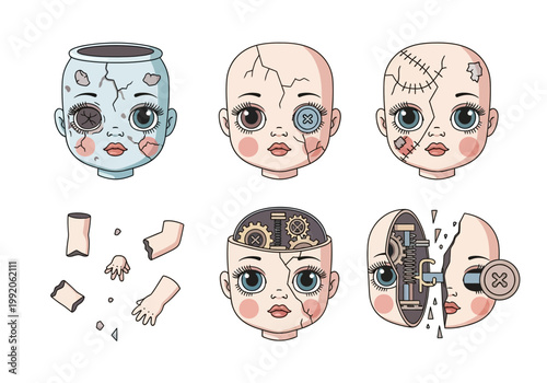 割れた陶器の顔のキャラクターが破損し、内部の仕組みやパーツが露出しているイラスト。