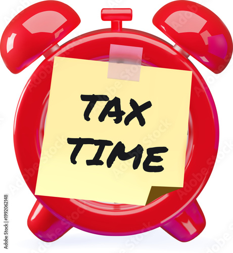 A 3D icon of a red alarm clock with a sticker attached, with the text "TAX TIME" on the dial.