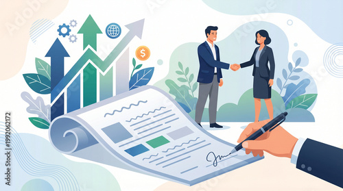 Fotografie Business people shaking hands over a signed contract with financial graphs and c
