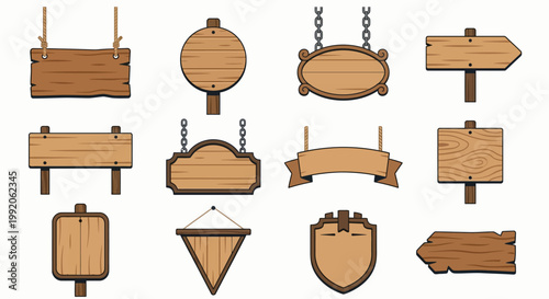 Collection of various wooden sign shapes and designs on a white background