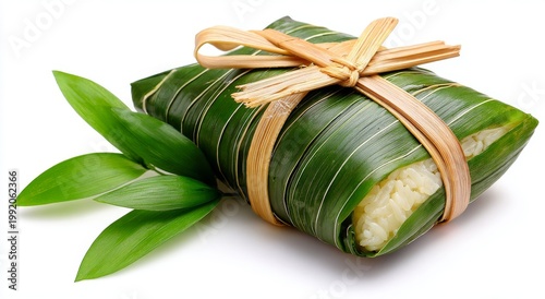 Traditional Khmer cakes Num Ansom and Num Korm, wrapped in banana leaves, depicted in a 3D render for Cambodian New Year