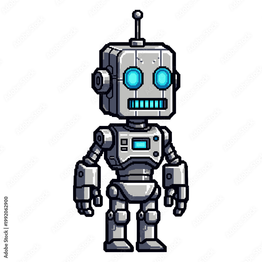Fototapeta premium 小さなロボットのキャラクターが正面を向いて立っている。青い目と口が特徴的で、レトロなデザイン。