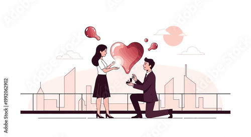 Man proposes to woman with heart, engagement ring, cityscape background, love concept