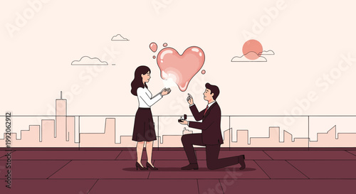 Man Proposing Marriage to Woman with Heart Shape Above, Cityscape Background