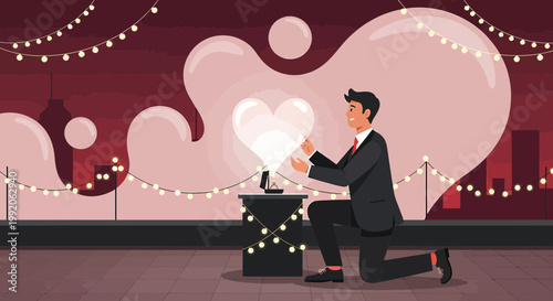 Man Proposing with Glowing Heart on Rooftop