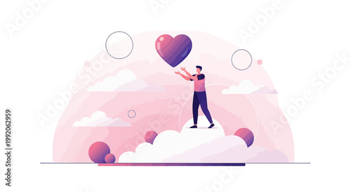 Man reaching for a glowing heart on clouds, symbolizing love, connection, and dreams