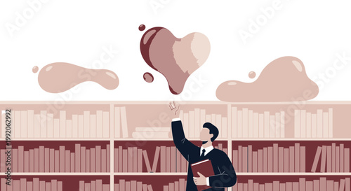 Man Reaching for Abstract Heart Shapes Above Bookshelf, Love of Learning Concept