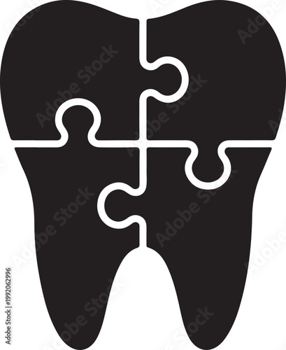 Silhouette of a tooth composed of four jigsaw puzzle pieces with body part odontology cleaning solution