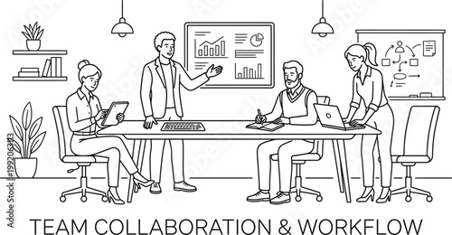 Team Collaboration and Workflow Illustration Showing Business People Having a Meeting in an Office with Data Charts and Laptops in Minimalist Line Art Style