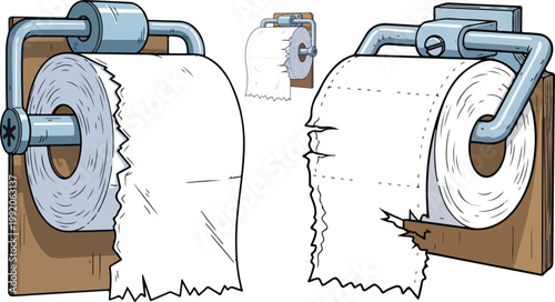 Toilet paper rolls hanging on sturdy wall mounted metal dispensers in a stylized cartoon illustration style that is perfect for professional creative web design projects on transparent background.