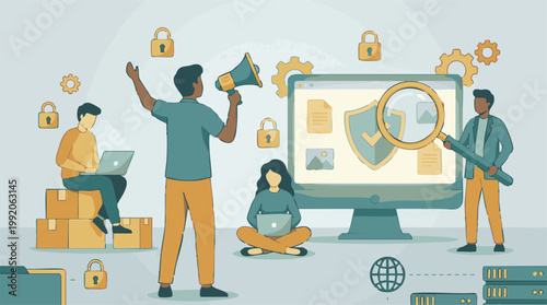 Cybersecurity and data privacy concept with diverse team