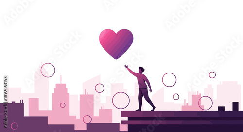 Man Reaching for Geometric Heart Above City Skyline, Love Concept