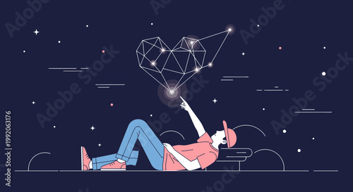 Man Reaching for Geometric Heart Constellation in Starry Night Sky