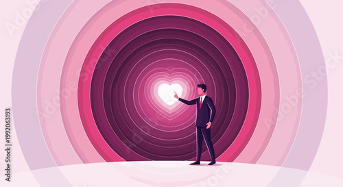 Man Reaching Towards Glowing Heart Tunnel, Symbolizing Love, Hope, and Connection