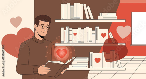 Man Reading Book with Hearts, Love for Knowledge, Romantic Reading