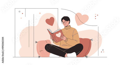 Man Reading Book with Hearts, Love Story, Romantic Illustration, Cozy Home Reading
