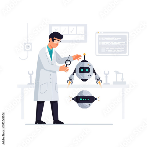 Scientist working on robot in lab, innovation and technology concept