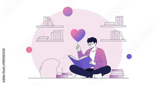 Man Reading Book, Abstract Heart, Bookshelves, Knowledge, Education, Inspiration, Learning, Creativity