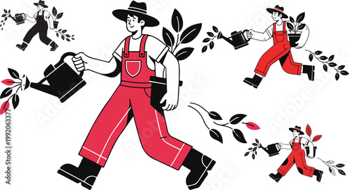 Farmers wearing red overalls holding watering cans and potted plants while walking to care for their crops and garden vegetation illustrated as a set on transparent background
