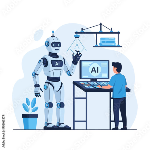 Robot and human collaborate on AI project, futuristic technology concept