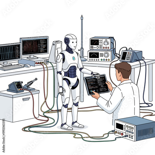 Robot and Scientist in Lab Testing Advanced Technology
