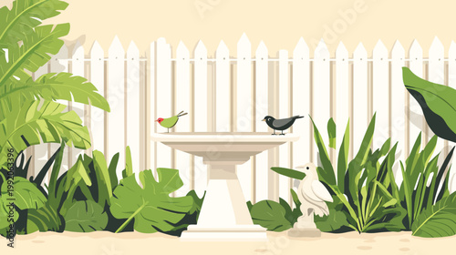 Illustration of birds perched on a bird bath with a white picket fence backdrop