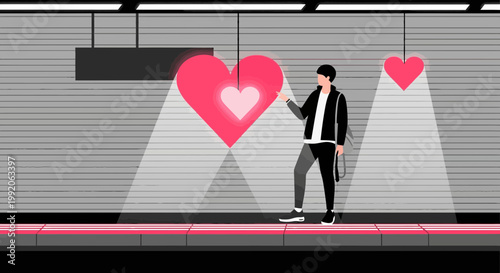 Man Reaching for Glowing Heart at Subway Station, Love Concept