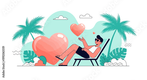 Man Relaxing on Beach Chair with Giant Heart, Tropical Paradise Vacation