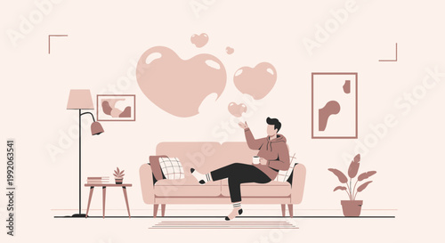 Man Relaxing on Sofa with Heart Thoughts, Cozy Living Room, Love and Romance Concept