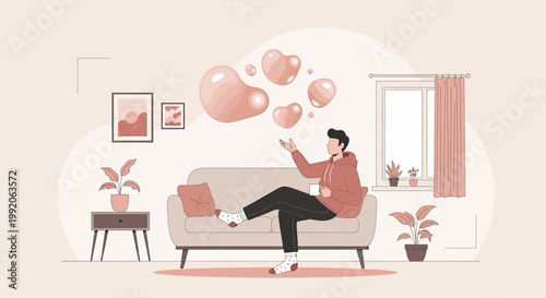 Man Relaxing on Sofa with Laptop, Drinking Coffee, Dreaming of Love and Hearts