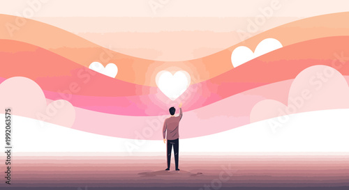 Man Reaching for Glowing Heart in Abstract Sunset Landscape, Hope and Love Concept