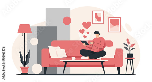Man Relaxing on Sofa with Tablet, Hearts Floating Above, Online Dating Concept