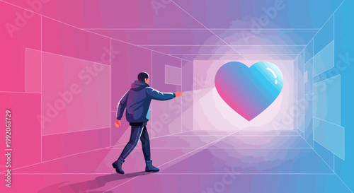 Man Reaching for Glowing Heart in Futuristic Neon Tunnel