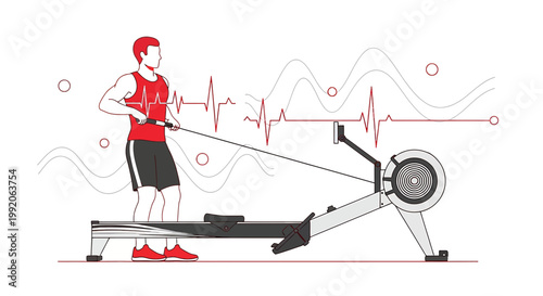 Man rowing on machine, heart rate monitor, fitness, cardio workout, healthy lifestyle