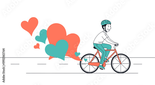 Man riding bicycle with abstract heart shapes and love symbols emanating from exhaust