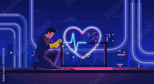 Man repairs glowing neon heart with ECG line, futuristic cityscape background