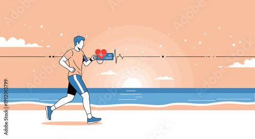 Man running on beach at sunset with heart rate monitor, healthy lifestyle concept