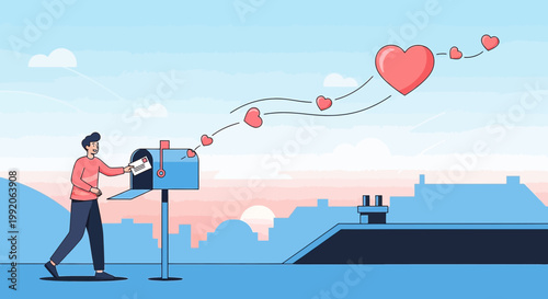 Man Sending Love Letter, Hearts Flying Out of Mailbox, Romantic Concept