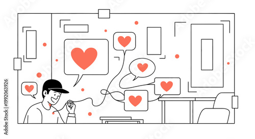 Man sending love messages online, social media hearts, digital communication concept