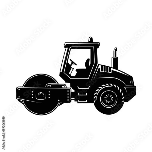 Black silhouette of a road roller on a white background, construction vehicle